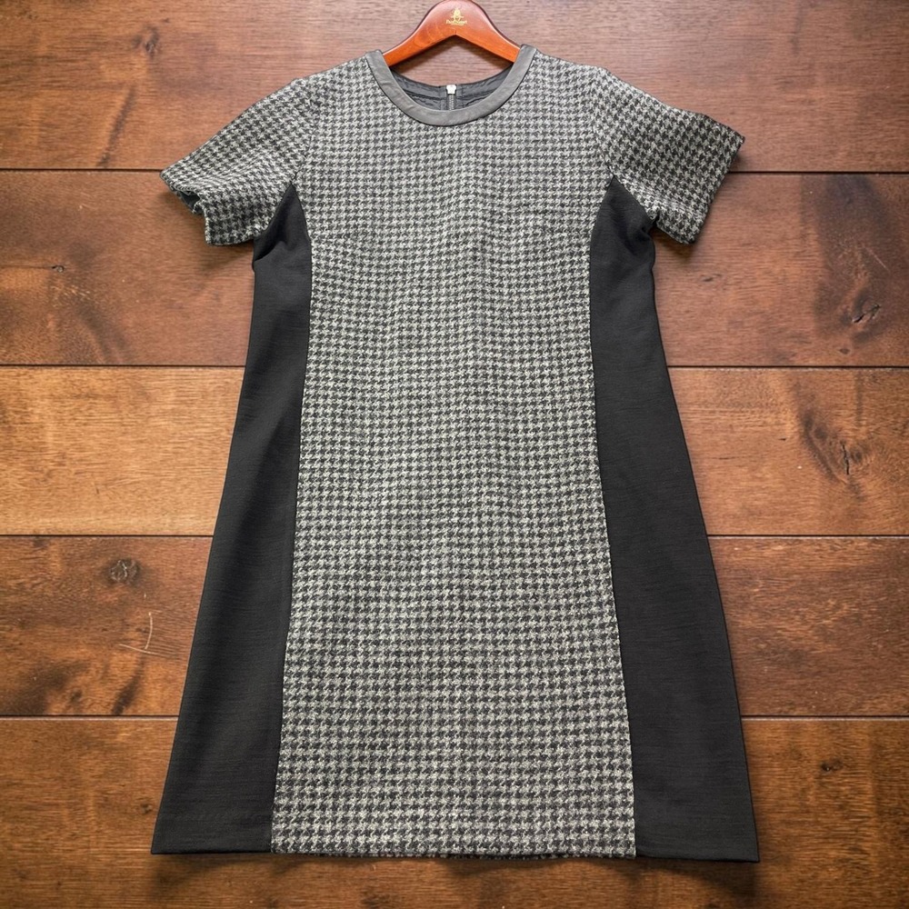 J.Crew Womens Grey Houndstooth Wool Shift Dress Leather Trim Black Side Panels 8